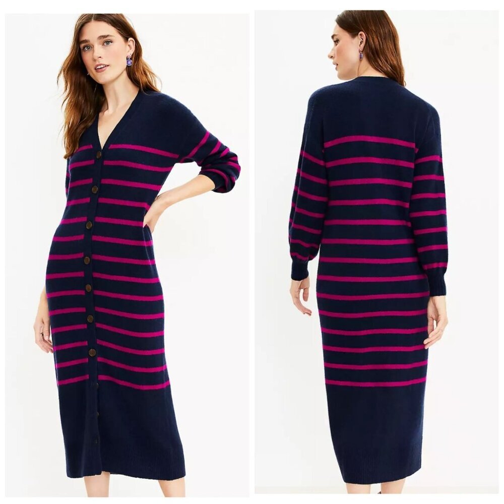 LOFT Long Sweater Cardigan Midi Dress Striped Navy Blue Button Front Size M